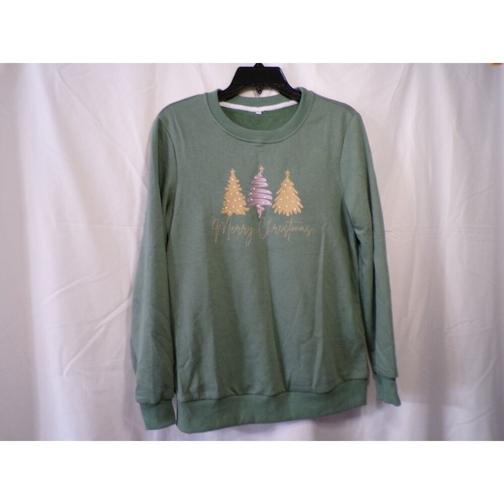 Holiday Time Plus Women's Green Merry Christmas Sweatshirt S Sequin Trees